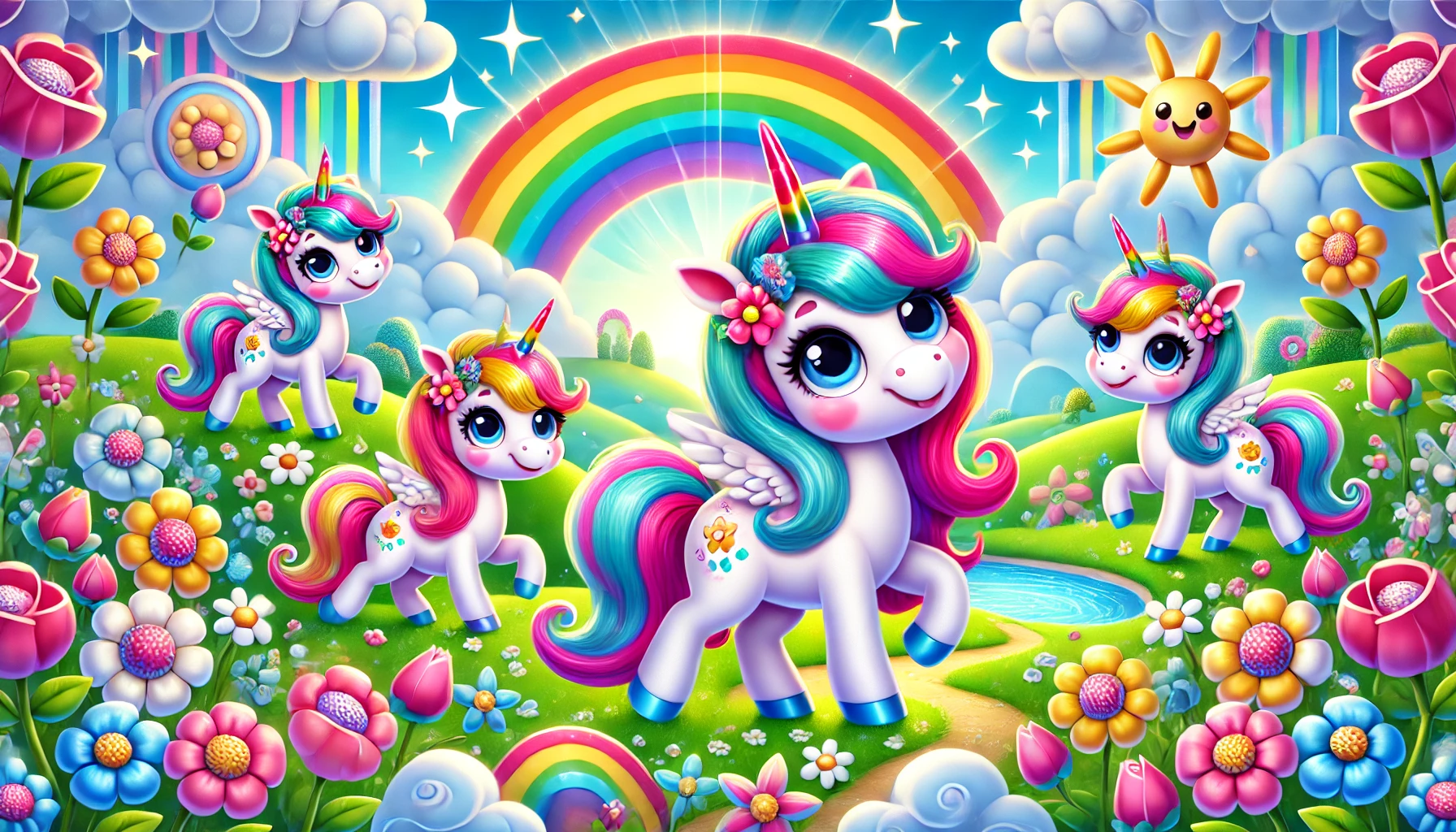 This whimsical image shows four cartoon unicorns in a magical landscape. The unicorns have white bodies, multicolored manes in turquoise, pink, and yellow, and wings. They're surrounded by oversized flowers in pink, blue, and yellow, with a bright rainbow arching across a blue sky. The setting includes rolling green hills, fluffy clouds, sparkles, and a smiling sun character. The art style is vibrant and child-friendly, reminiscent of children's animation or toy merchandise artwork.